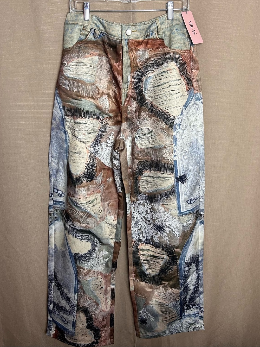 Artistic Patchwork Wide-Leg Pants in Brown & Blue